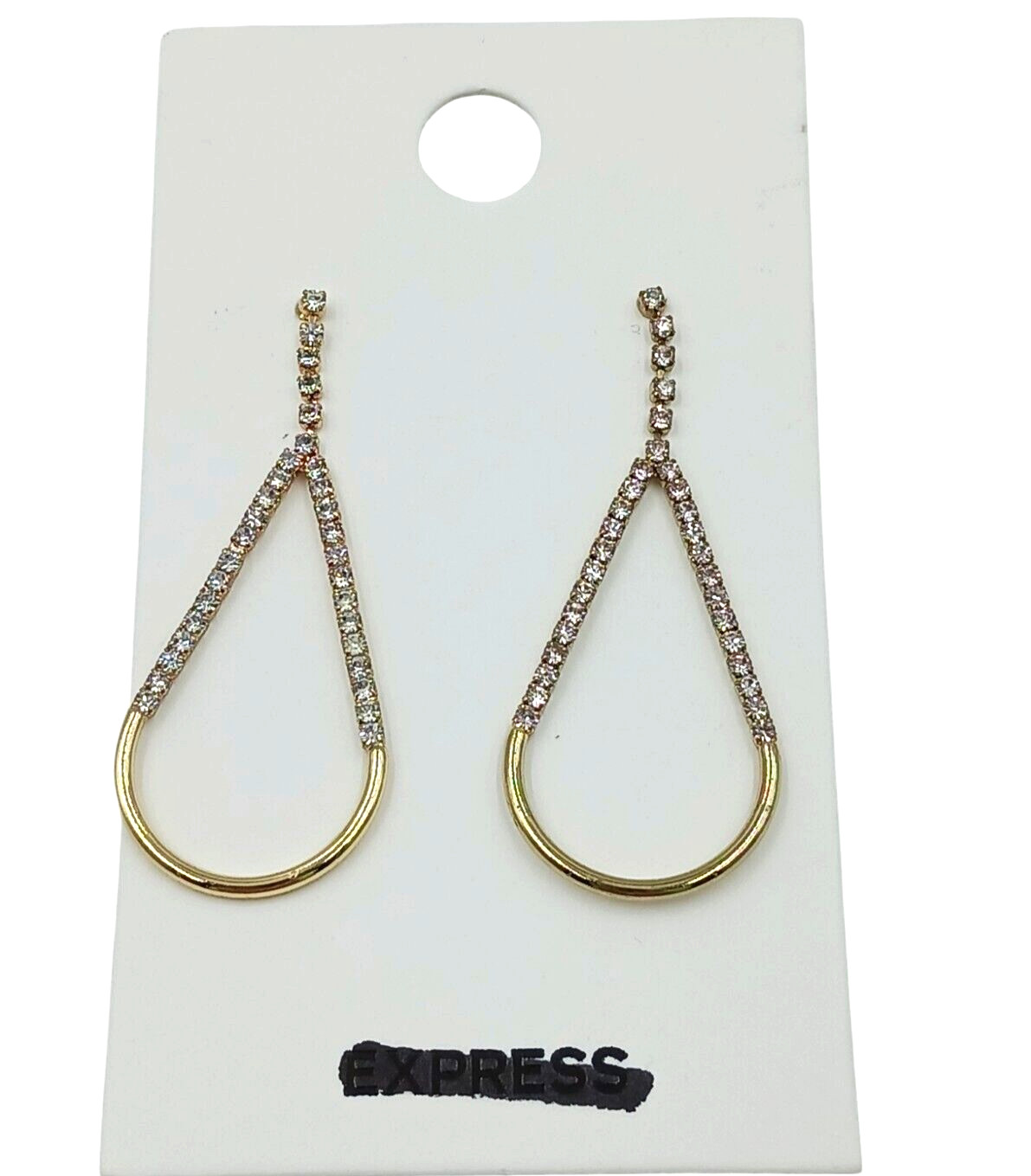 Express Crystal Teardrop Dangle Pierced Earrings Push Back Sparkle Gold Tone 2″