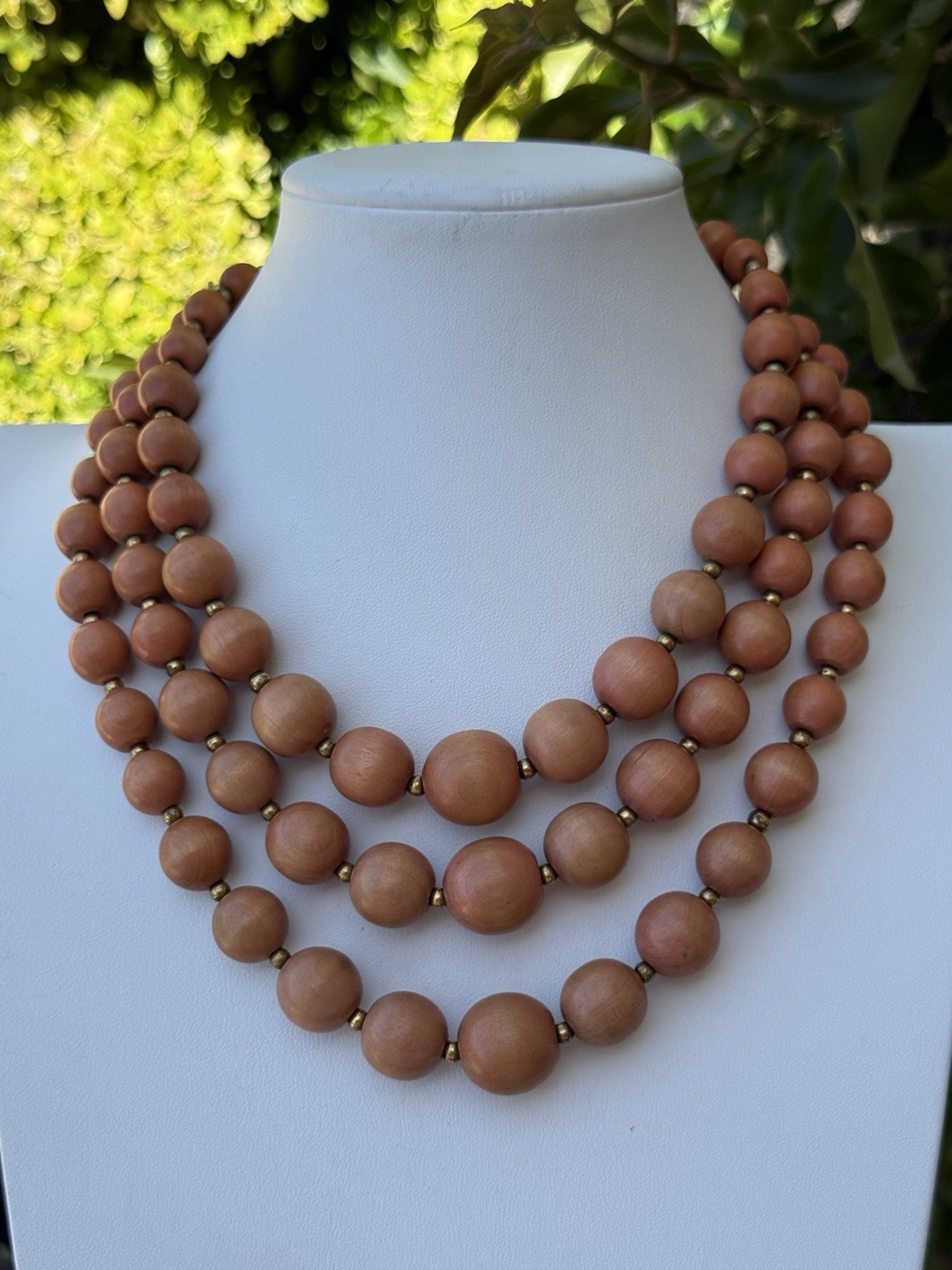 Antique Triple Strand Wooden Bead Necklace With Old Jump Ring Clasp & Patina