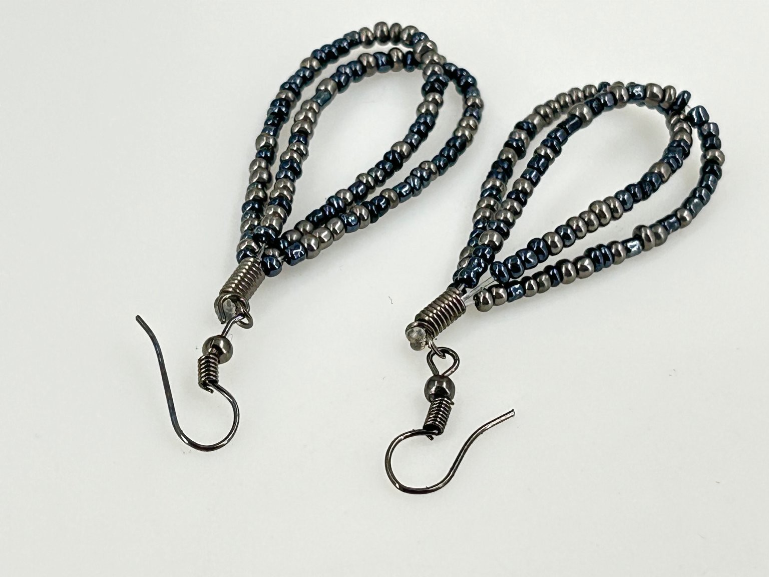Handmade Beaded Teardrop Earrings 2.2 Inch Gunmetal Black Silver