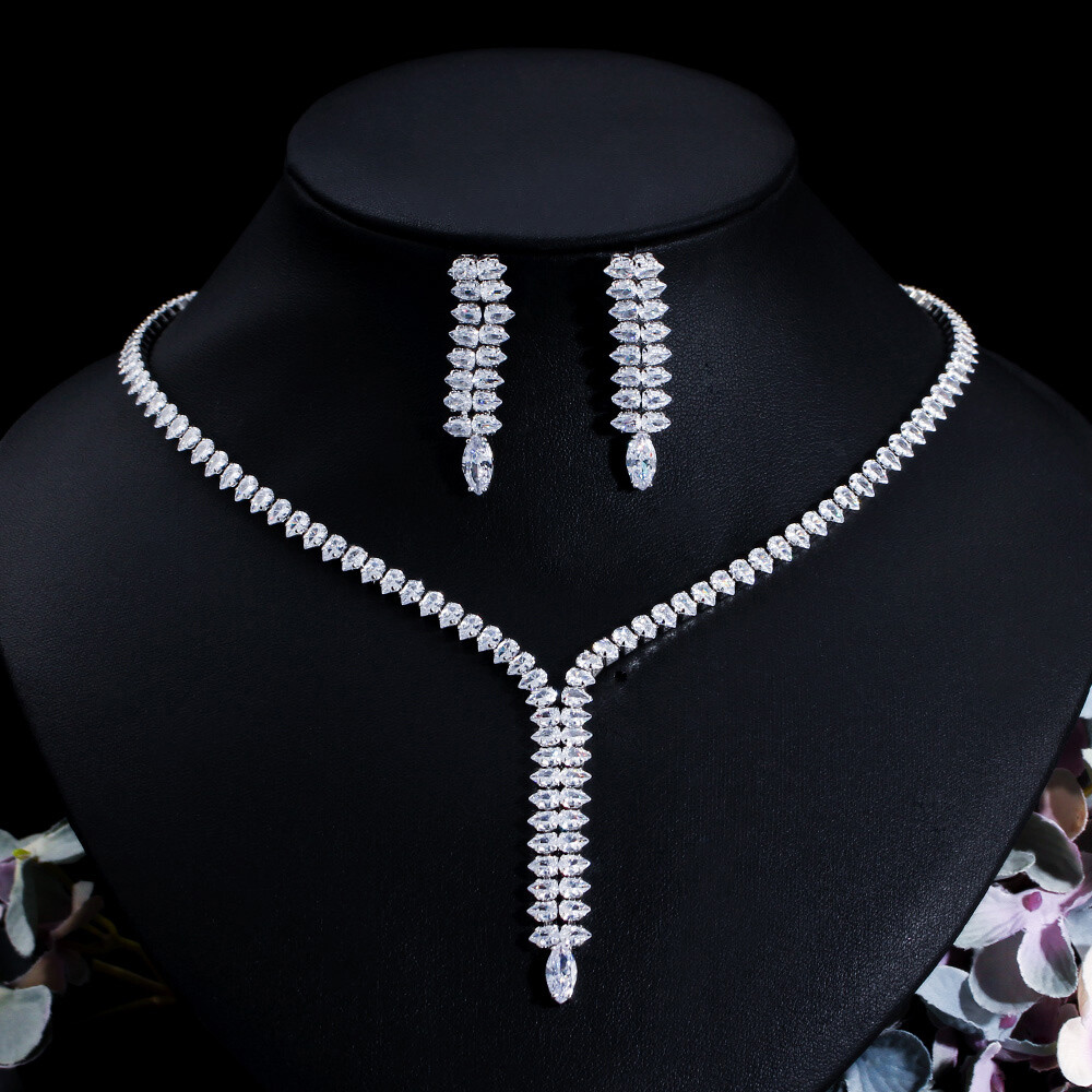 Silver Plated Long Drop Earrings Wedding Necklace Cubic Zirconia CZ Jewelry Set
