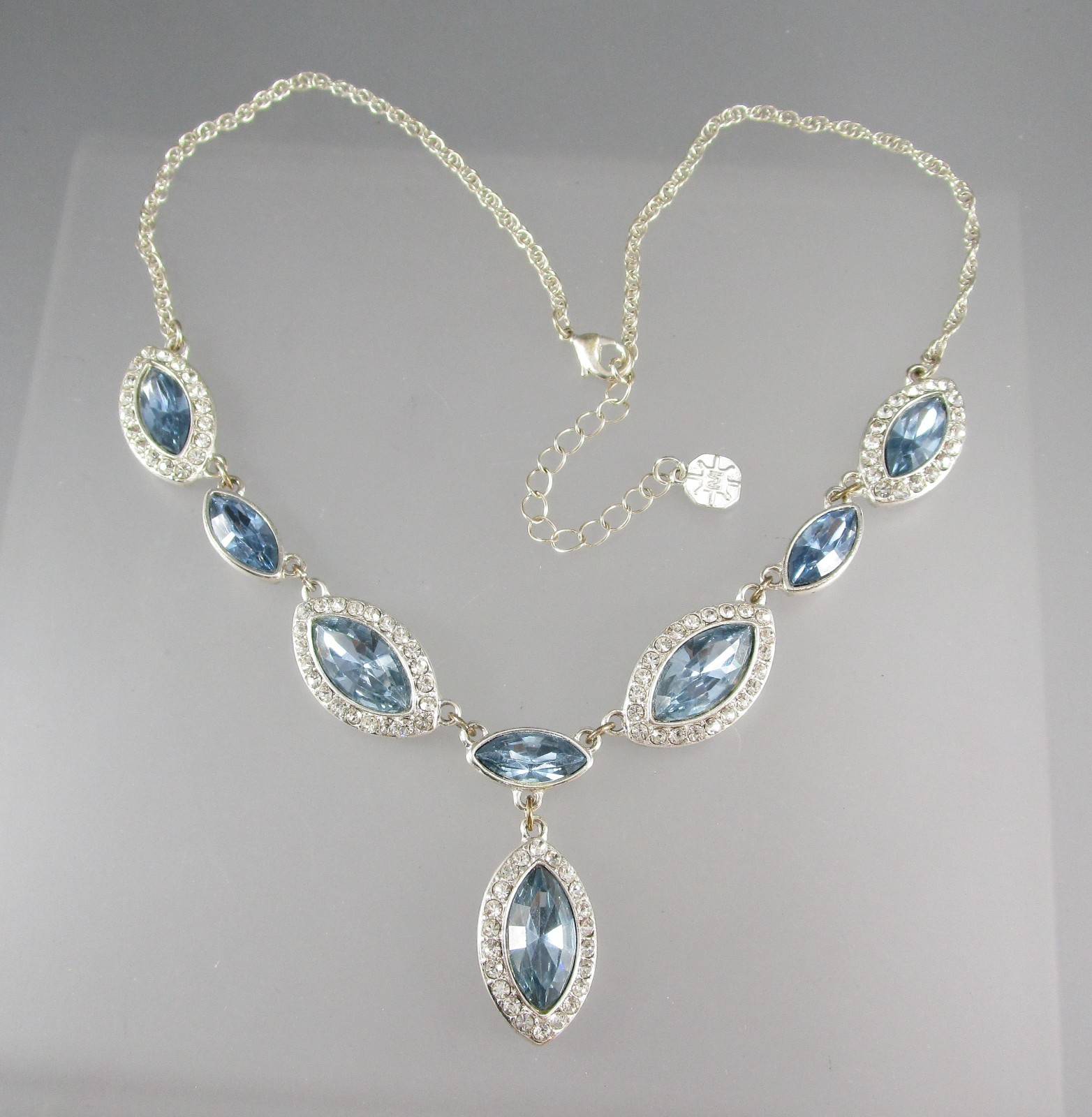 MONET Silver Tone Blue & Clear Crystal Rhinestones Adjust Necklace 640