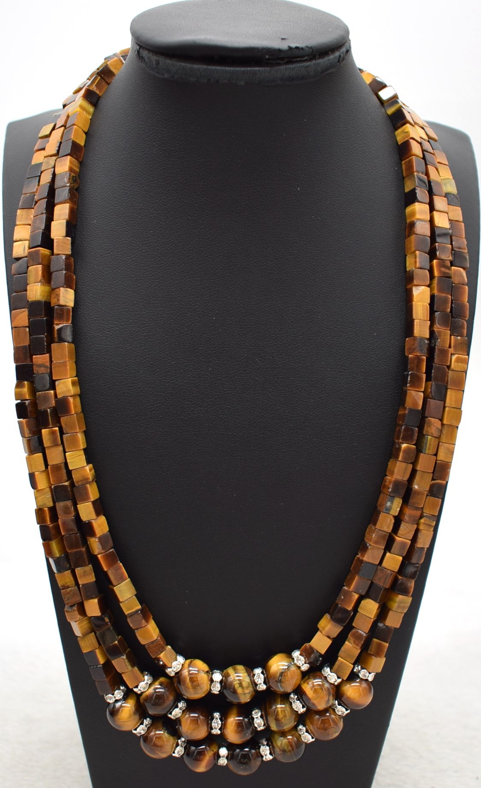 3 Rows Charming 5x5mm +10mm Yellow Tiger’s Eye Gemstone Beads Necklace 17-19″