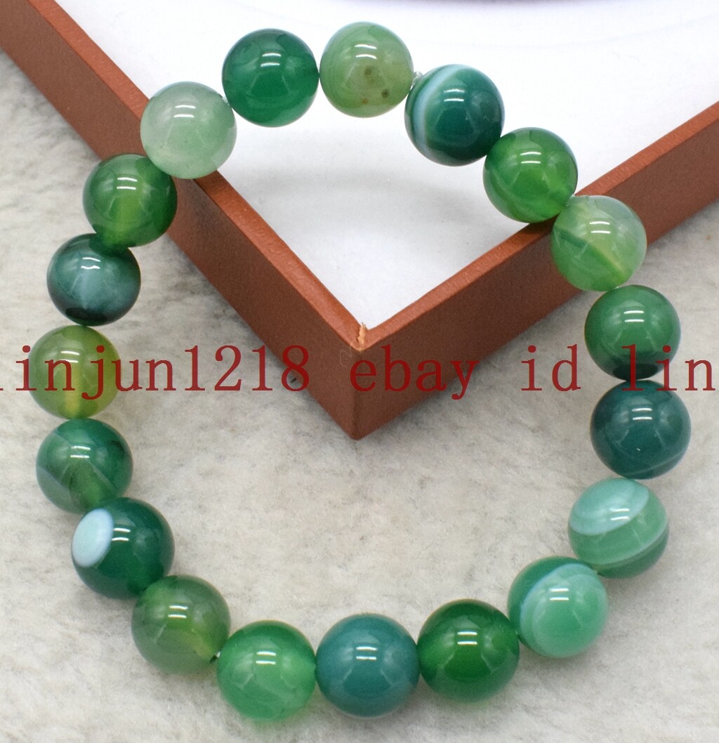 8mm 10mm 12mm Natural Green Striped Agate Round Gemstone Bracelet 7.5” AAA