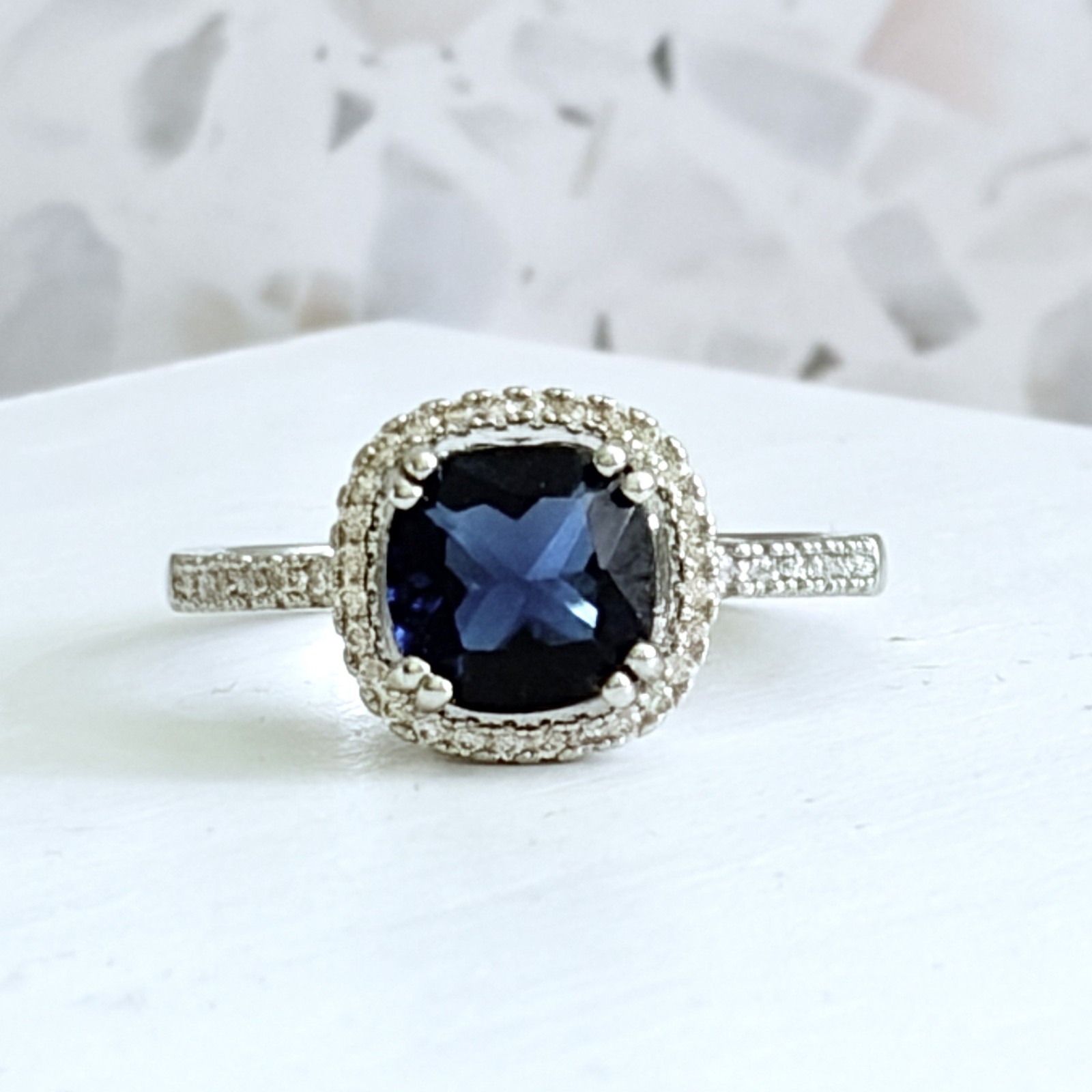 1.26CT Cushion Cut Blue Simulated Sapphire 14k Gold & 925 S.S. Halo Women’s Ring