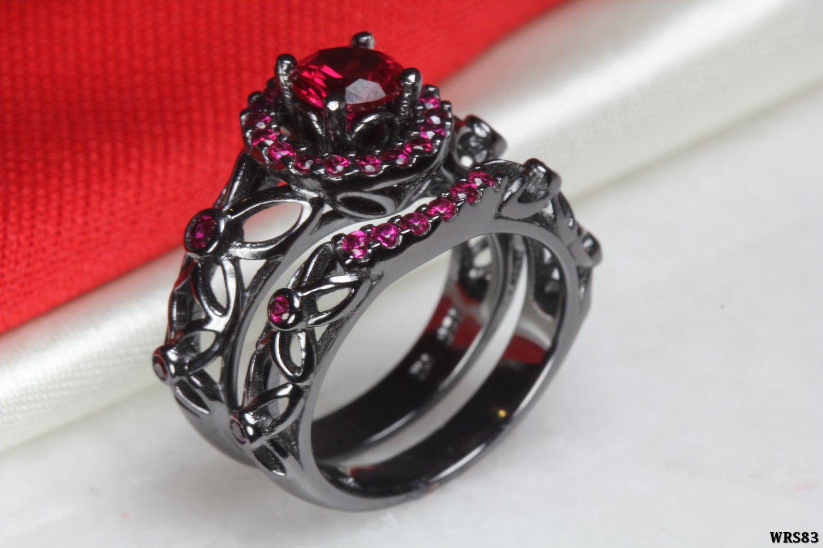 Pink CZ Nickel Free Black Rhodium Fairy Tale Engagement Bridal CZ Ring Set
