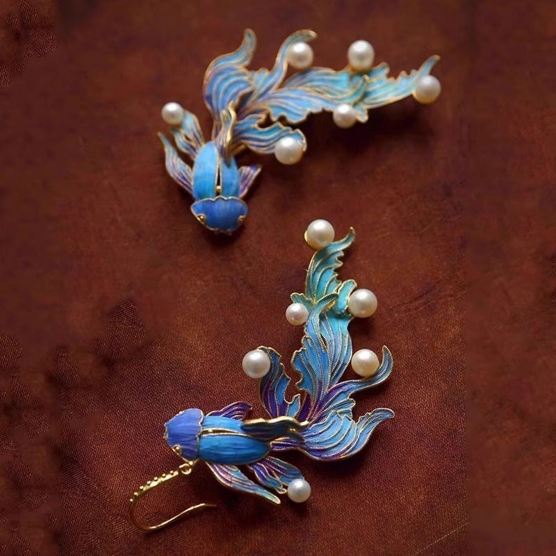 New New Chinese Ancient Blue Koi Fish Earrings Women’s Hanfu Accessory