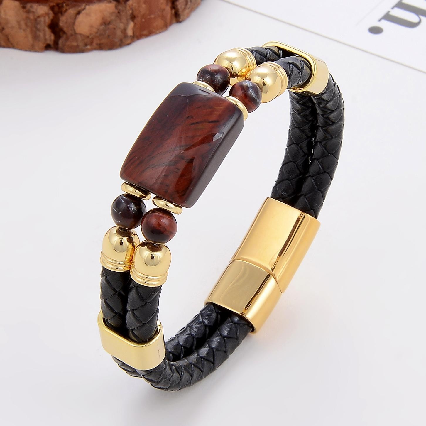 6 Style Natural Stone Bracelet Women Stainless Steel Magnetic Clasp Leather