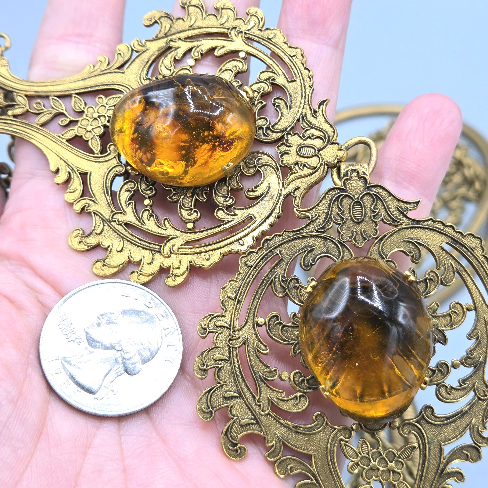 Woloch Paris Signed Couture Gilt Amber Gripoix Glass Chain Belt Necklace 32″