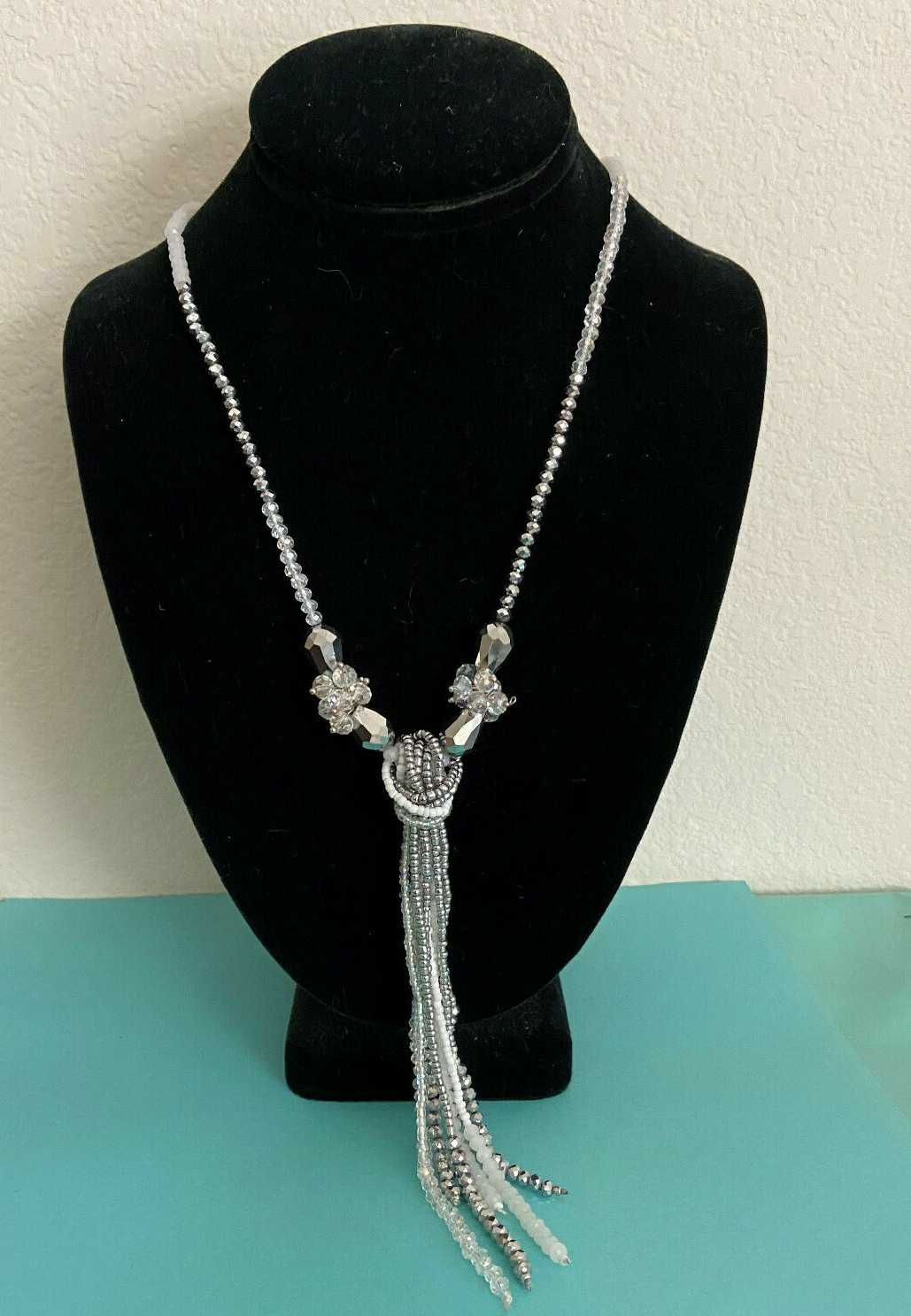 Women’s Hand-Beaded Cream & Silver Knot Necklace 35″