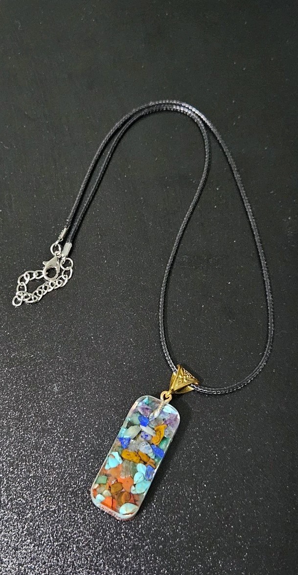 Multicolor Resin & Stone Rectangle Charm Pendant Necklace, Adjustable Cord