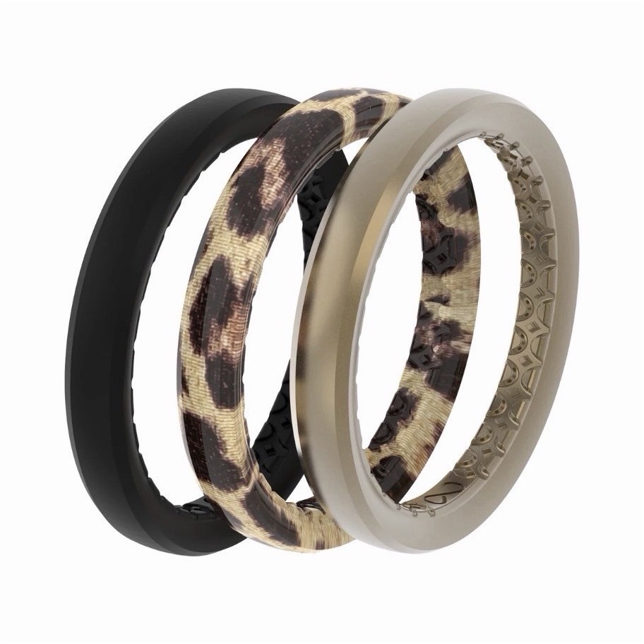 Groove Silicone Band Ring Set Size 8 – 3-Pack Black Gray Leopard Print