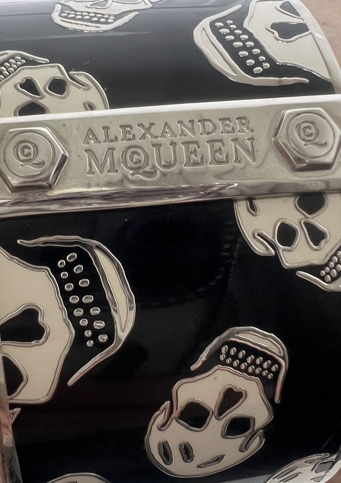 Alexander McQueen Skull Logo Icon Black White Enamel Silver Cuff Bracelet