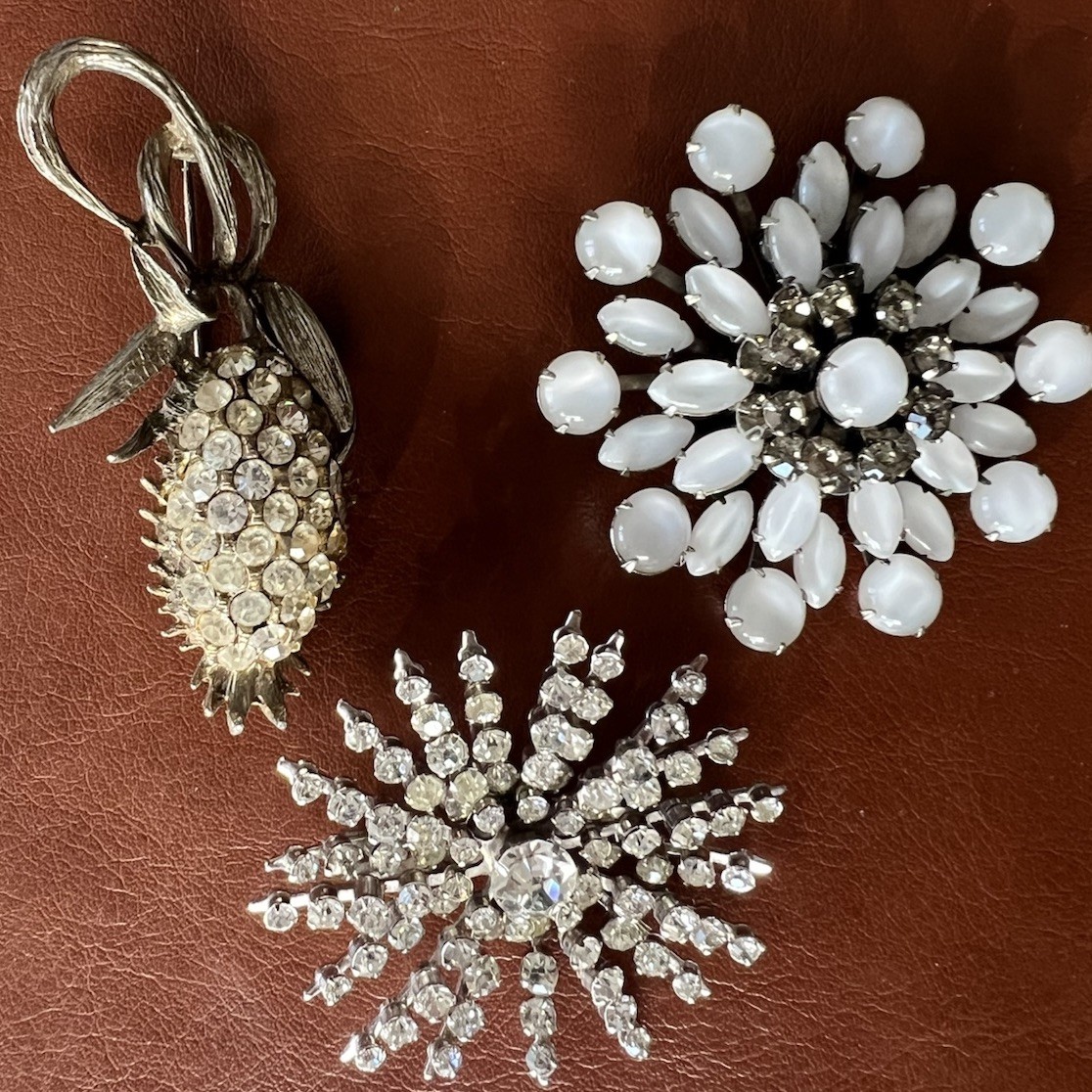 Lot of 3 Vintage Rhinestone Brooches Silver Tone Moonglow Starburst Pineapple