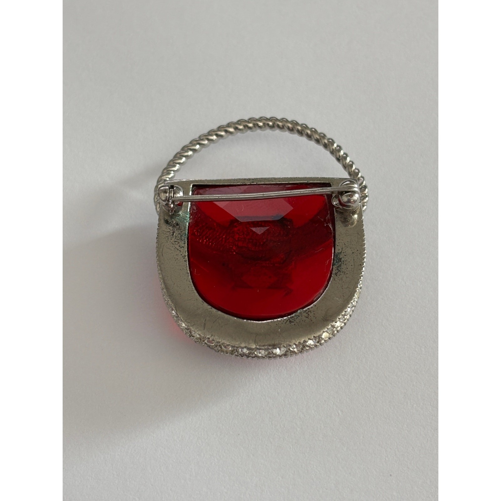 Vintage Broch Silver Tone Red Glass Crystal Purse Shape