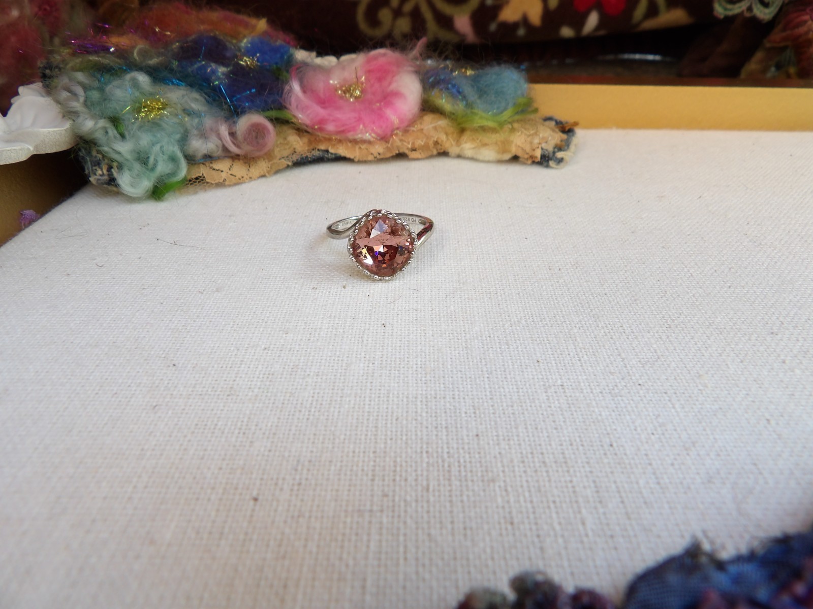 sterling silver ring, salmon pink crystal, new, stamped