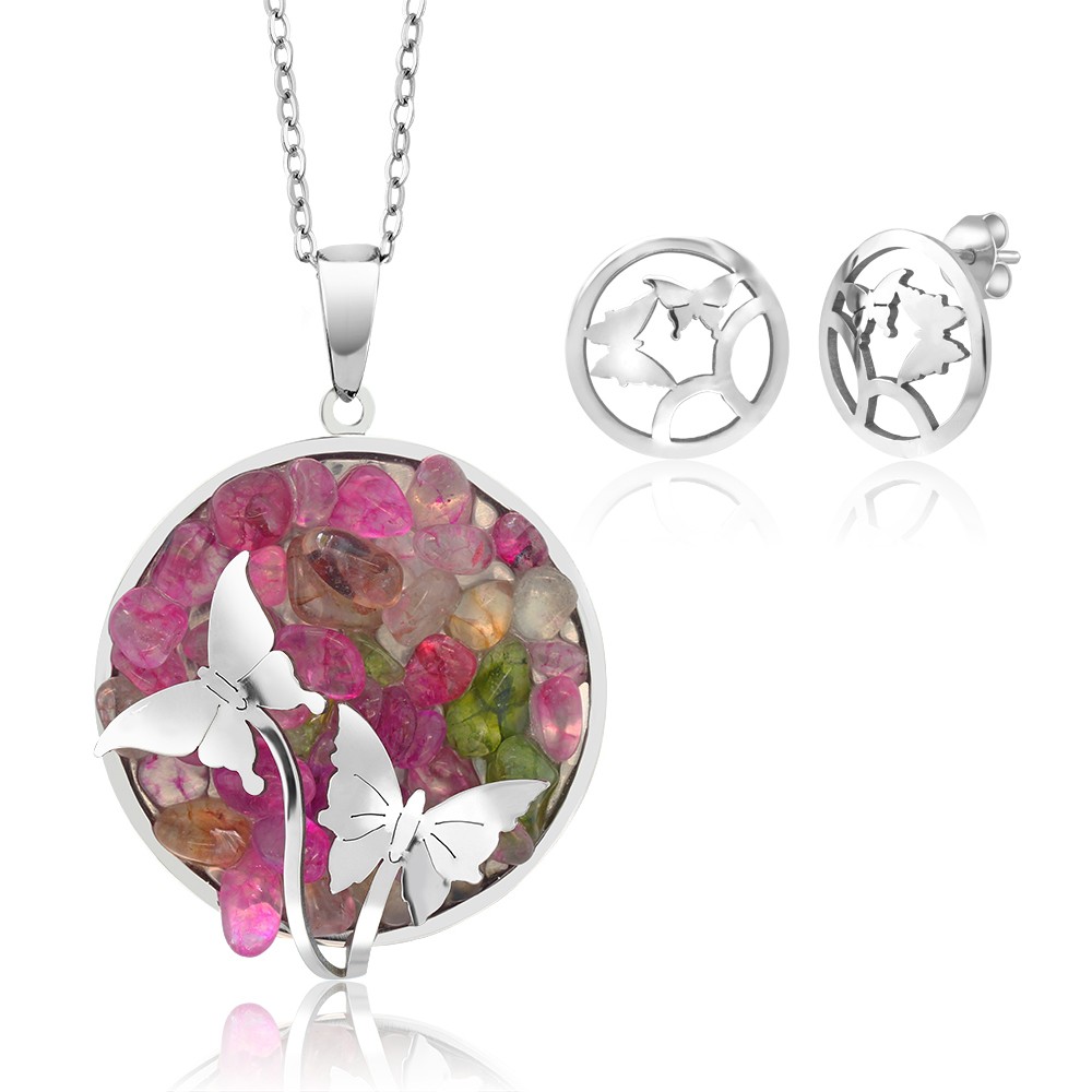 2pc Butterfly Tranquil Stone Stainless Steel Pendant Set With Matching Earrings