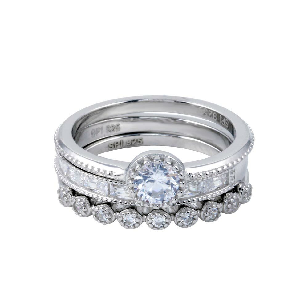 Sterling Silver 3-pcs. Stackable CZ Stones Rings Set