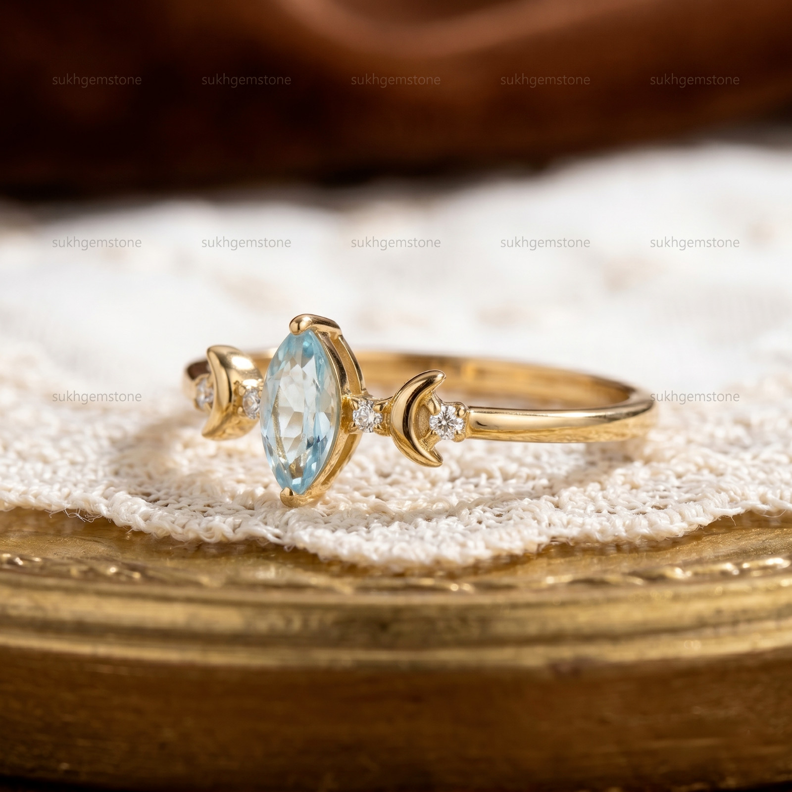 aquamarine Ring, Brass Gold Alloy , Birthday Gift Her, Women Ring