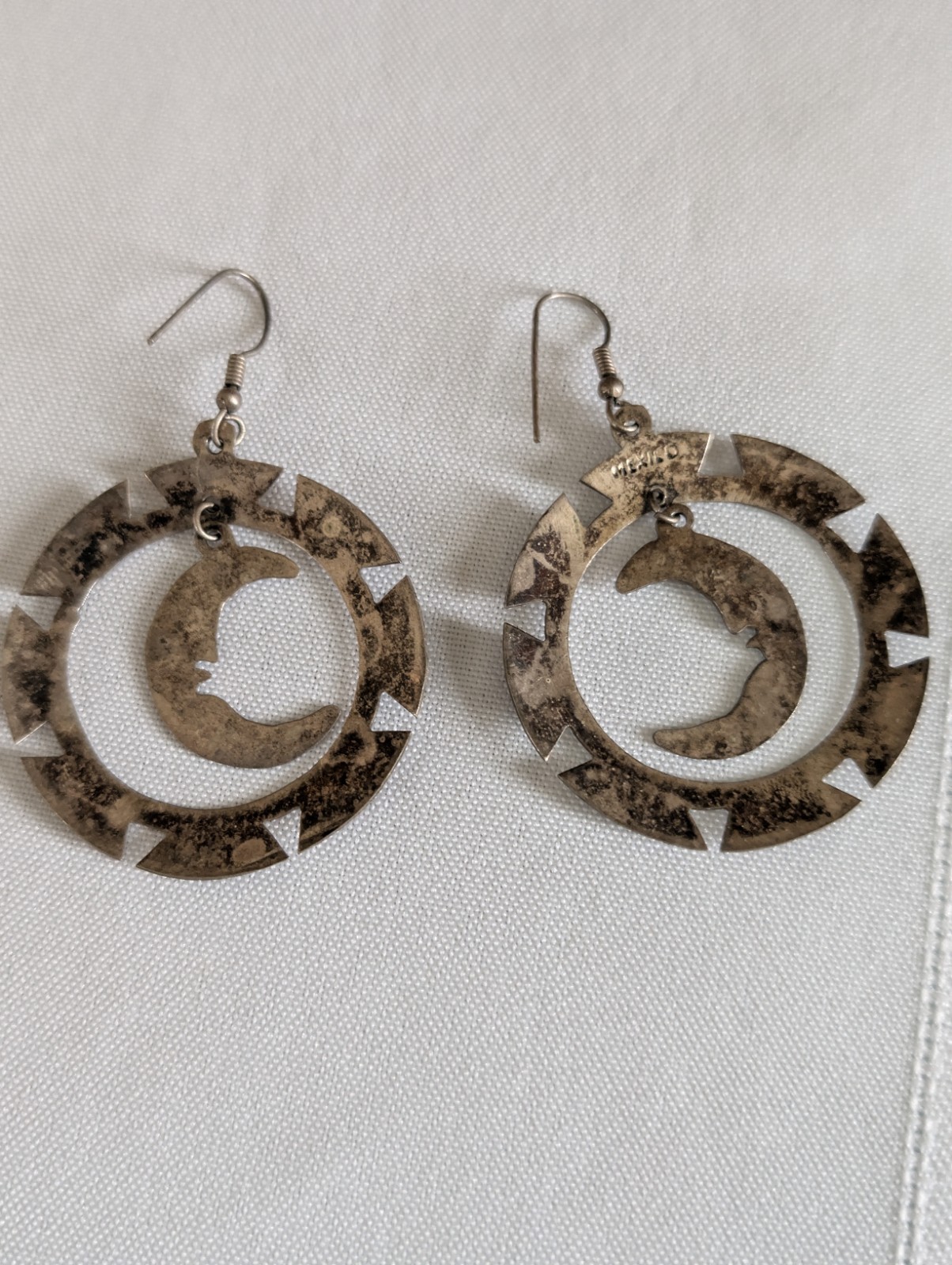 Sterling Silver Mexico Crescent Moon Dangle/Drop Earrings Metal French Wire Hook