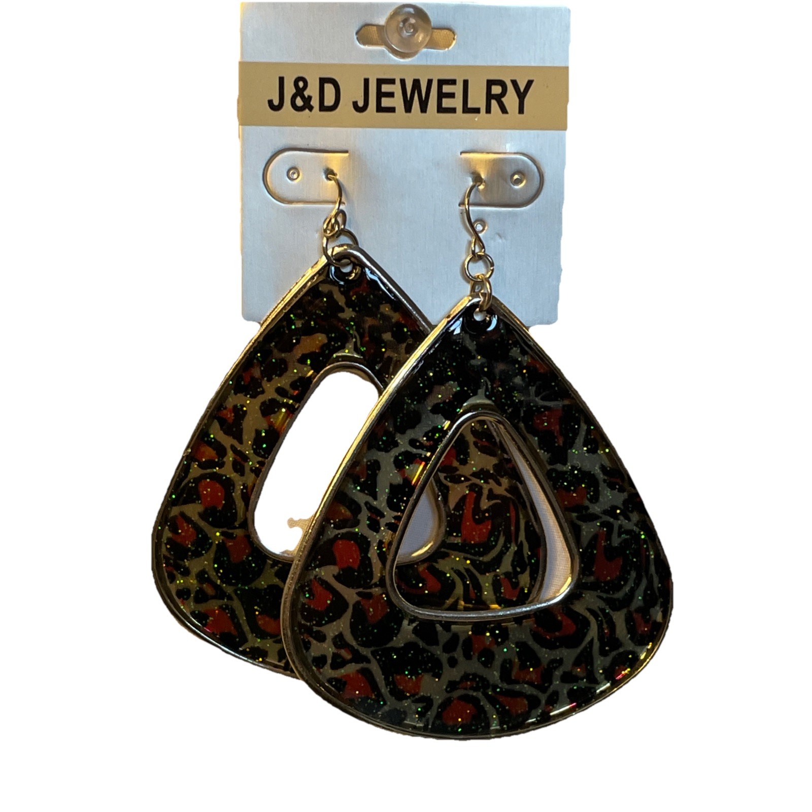 J&D Jewelry Leopard Print Earrings Black Red Gray Glitter 3.5″ Triangle Dangle