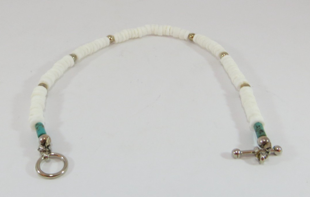 Heishi Bracelet, 9.5 in, Heishi White Shell, Turquoise and Silver-Plated beads