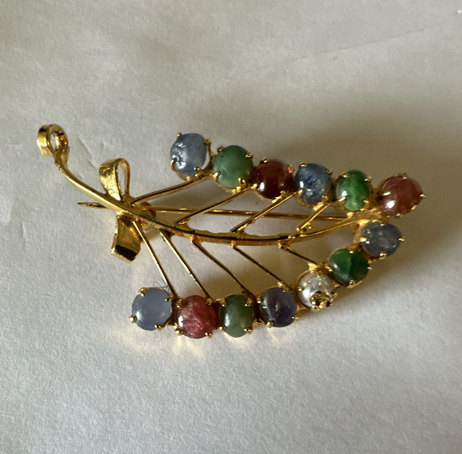Gold Tone Leaf Brooch Pin w/ Multicolor Round Glass Stones Prong Set