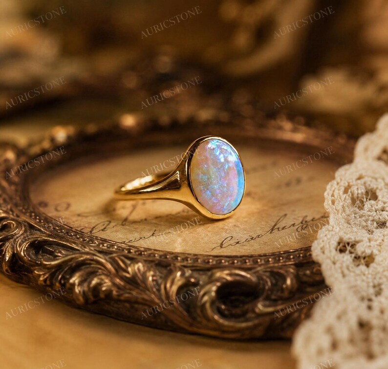 Lab Created White Opal Ring, Base Metal: Brass Finish: Gold Plated Gift For Her