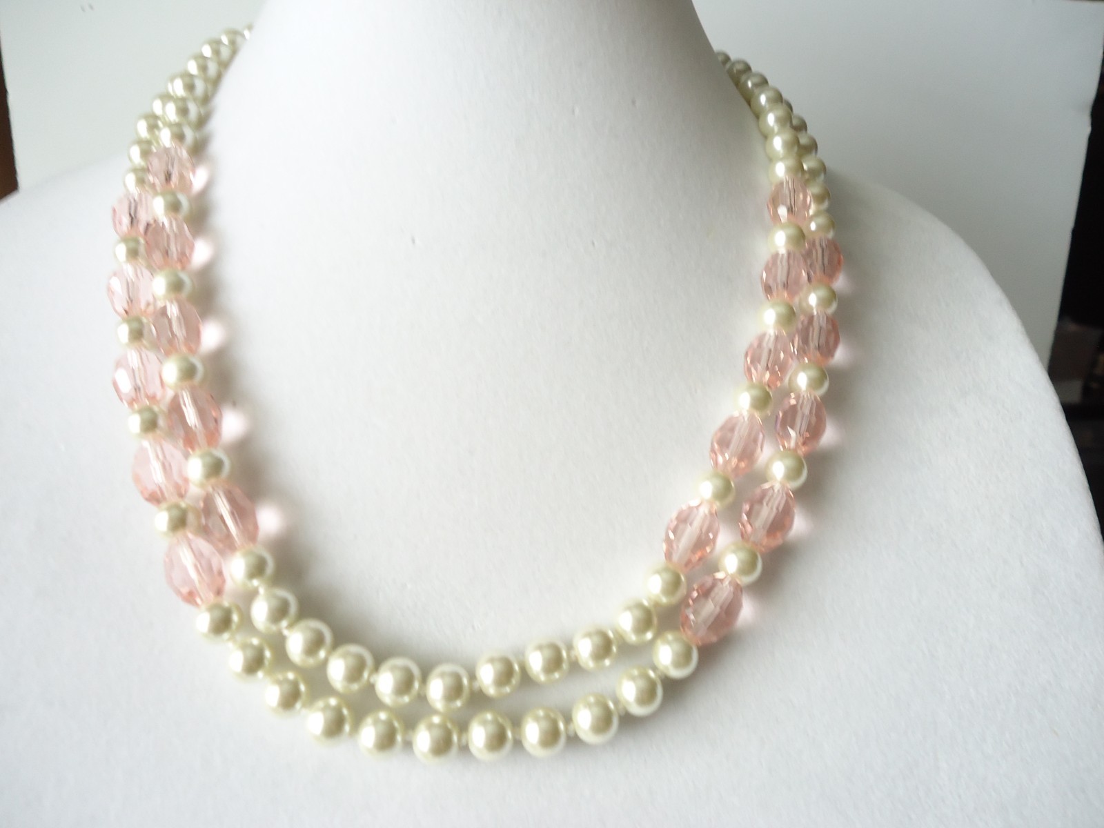 3 Faux Pearl Necklaces Cream, White, Pale Peach Color W/Pale Pink Glass Beads