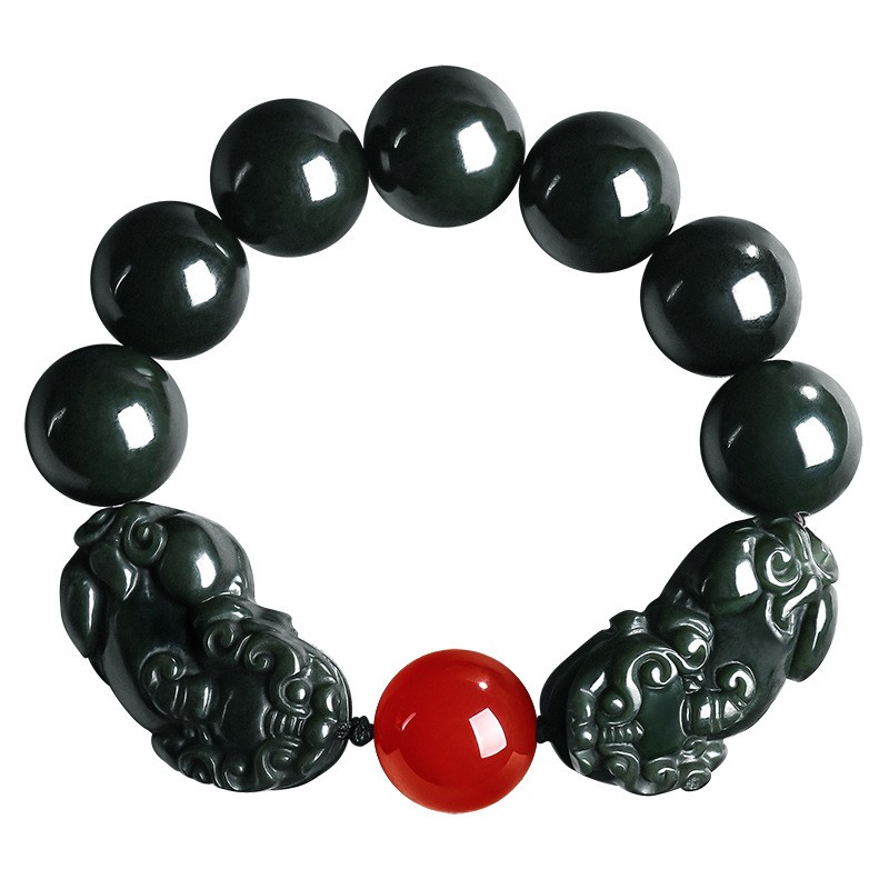 Certified Natural Hetian Jade Men Lucky Pixiu 18mm Round Beads String Bracelet