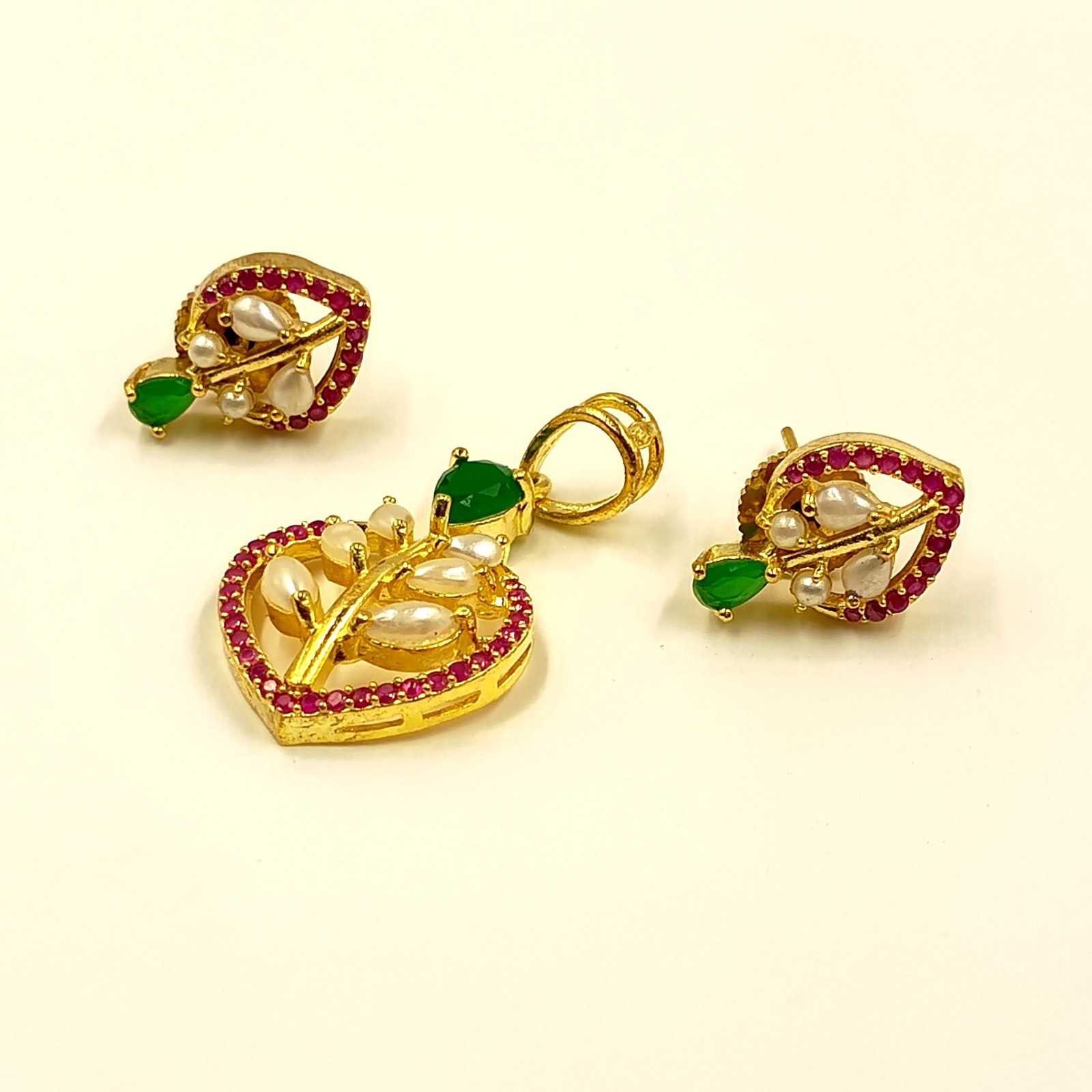 Ruby Emerald Pearl Pendant Set, 22k Gold Plated Traditional Indian Wedding Jewel
