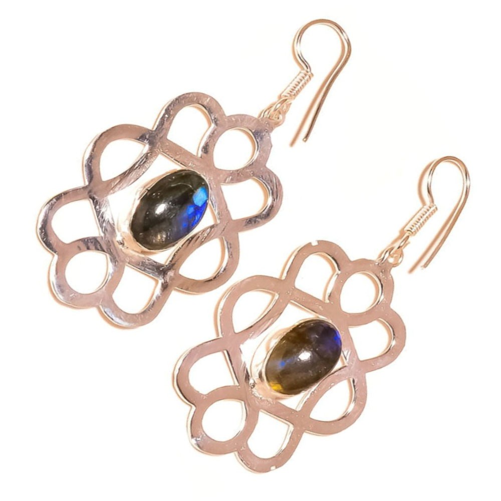 Natural Blue Flash Labradorite Gemstone 925 Silver Handmade Drop Dangle Earrings