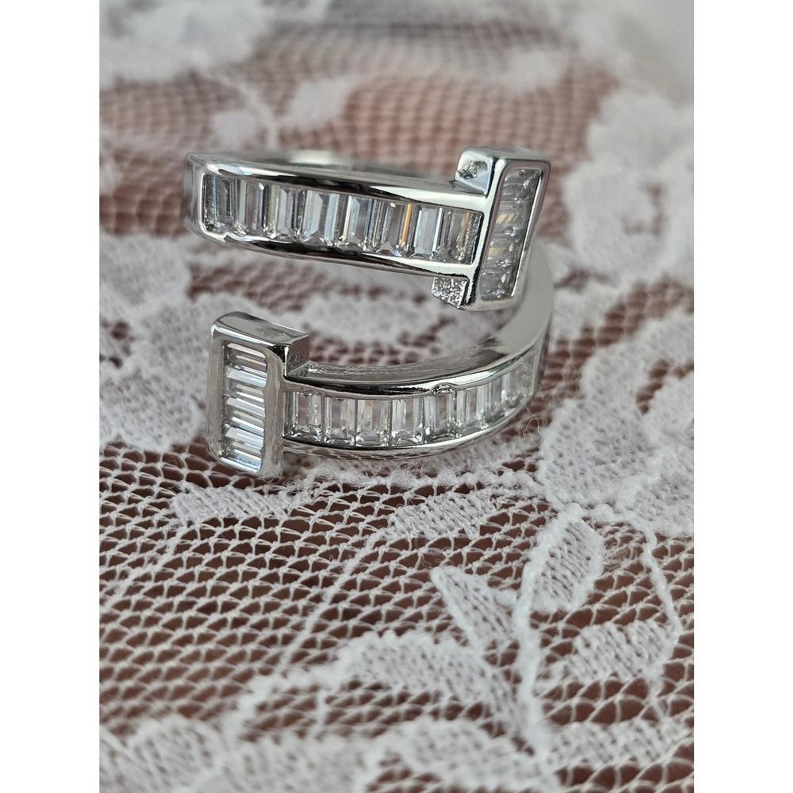 Silver Tone Baguette Cubic Zirconia Adjustable T Bypass Ring Modernist