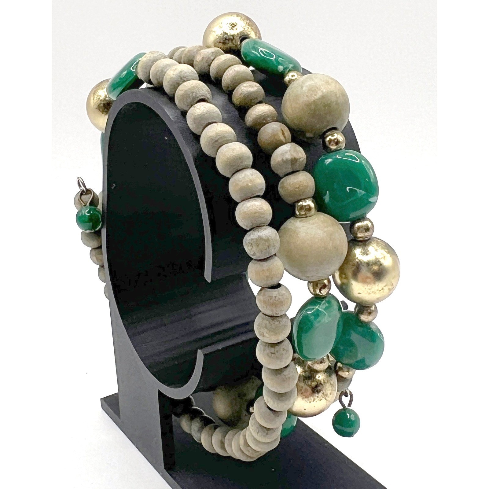Green & Gold Beaded Memory Wire Bracelet Boho Statement Jewelry