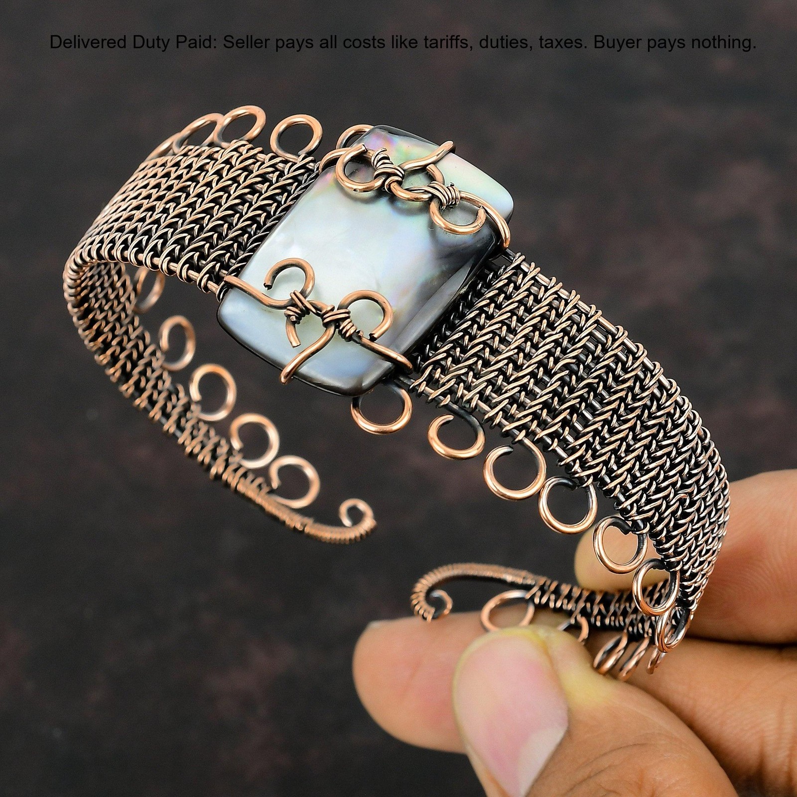 Copper Black Mother Of Pearl Stone Anniversary Wire Wrapped Wife Bangle Bracelet