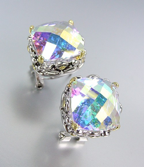 NEW Designer Silver Gold Plated Filigree Iridescent Fire Aurora Crystal Earrings