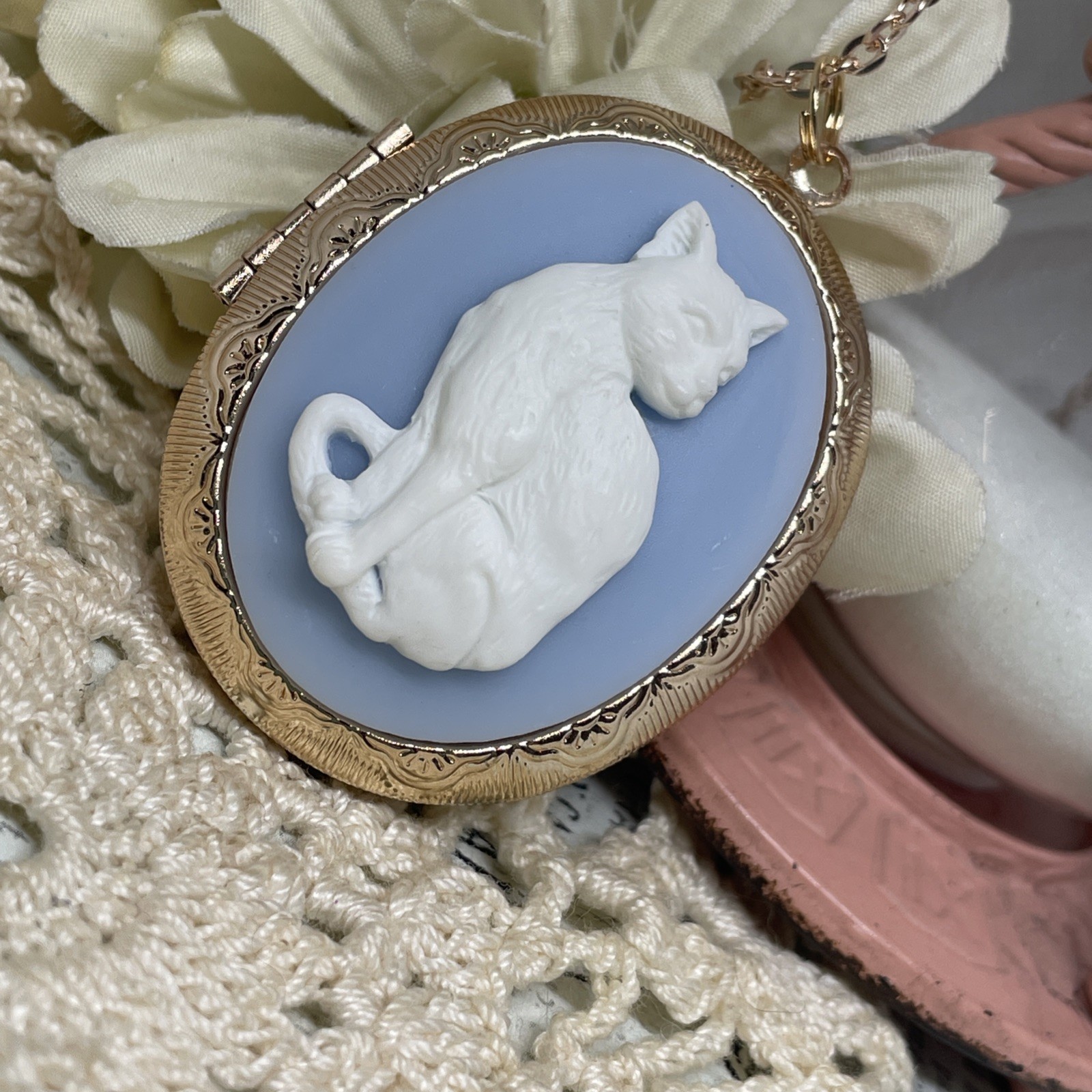 Rose Gold Blue Gothic Cat Photo Gift Cameo Locket Necklace anniversary birthday