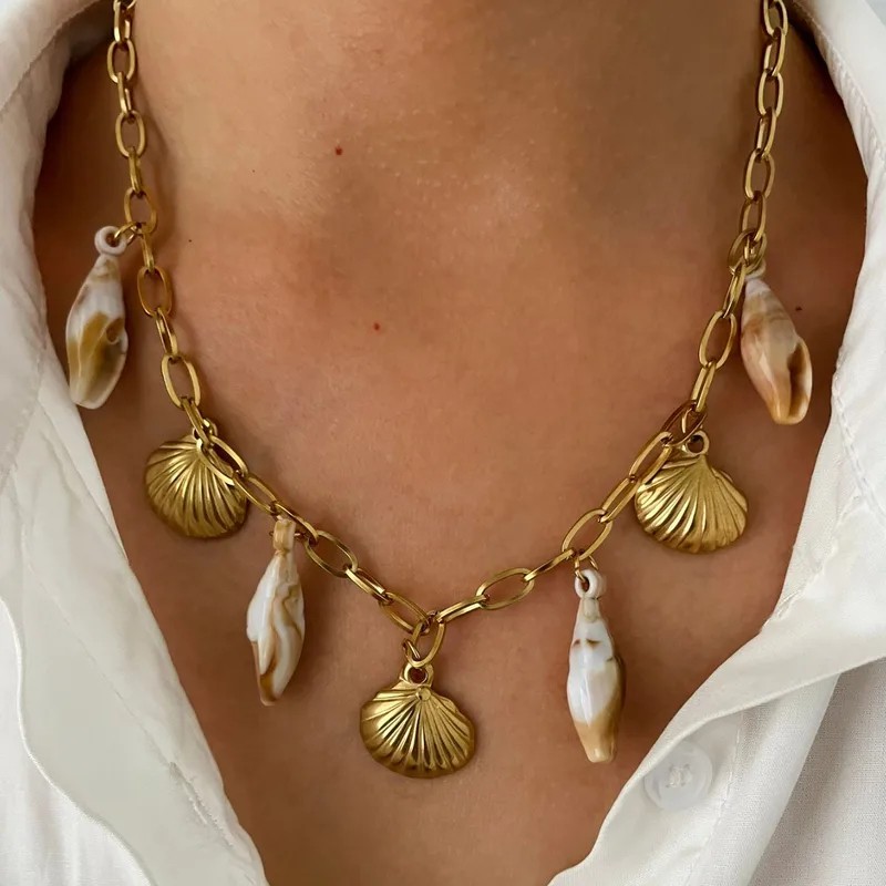 316L Stainless Steel Vacuum Plating Shell Geometric Ocean Conch Necklace