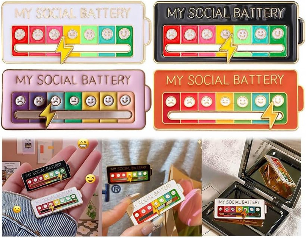 4PCS My Social Battery Slider Pin, Funny Interactive Brooch Pin, Cute Social Bat