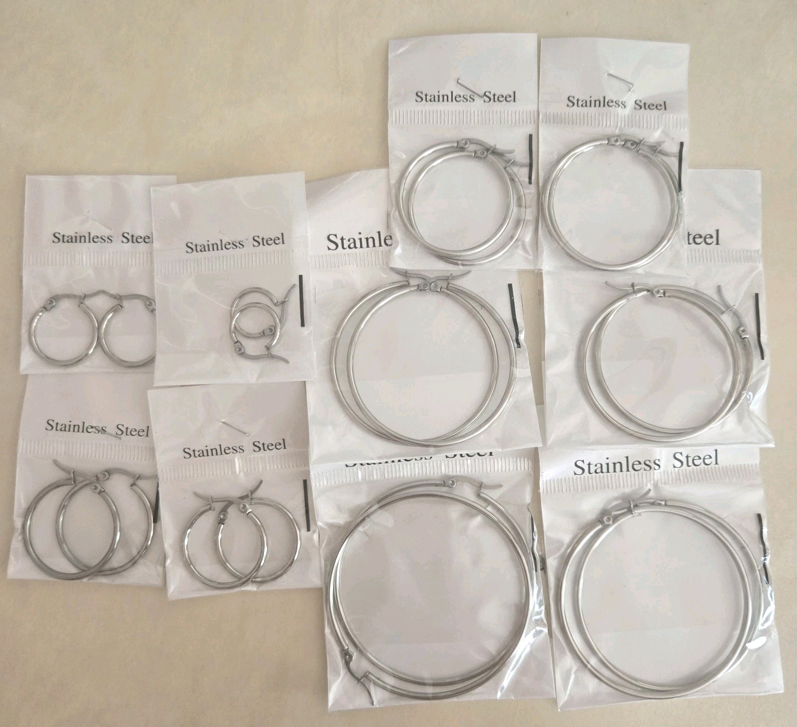 10 Different Size Stainless Steel Silver Hoop Earrings