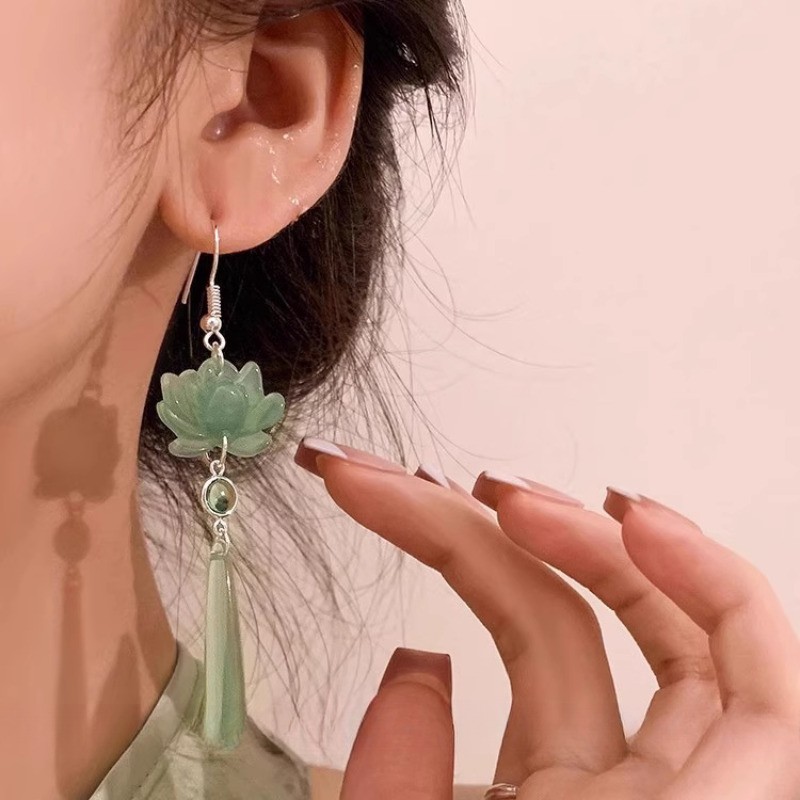 1Pair Exquisite Lotus Jade Tassel Earrings Hanfu Earrings Pendants Accessories