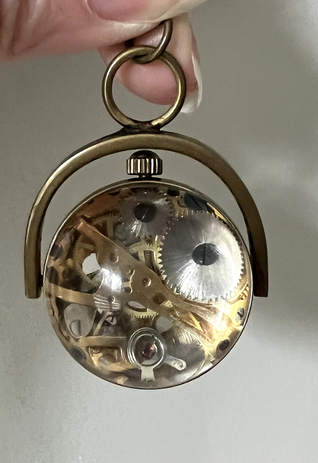Rare Vintage Necklace Watch Clock Gears Steampunk Heavy Brass Glass Ball Orb