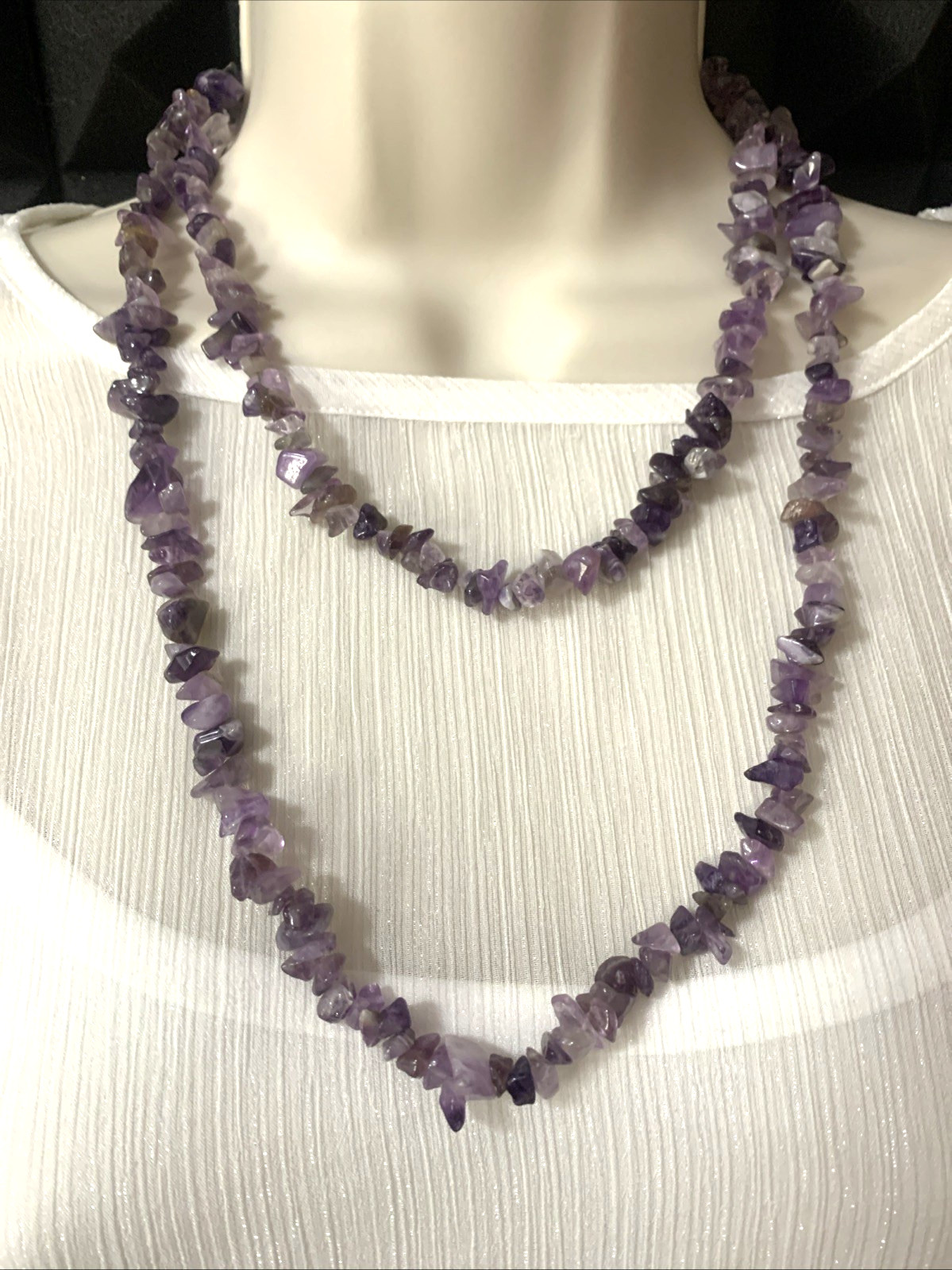 Beautiful Genuine Amethyst Beaded Chip Necklace Strand Polished 44” Long 100g