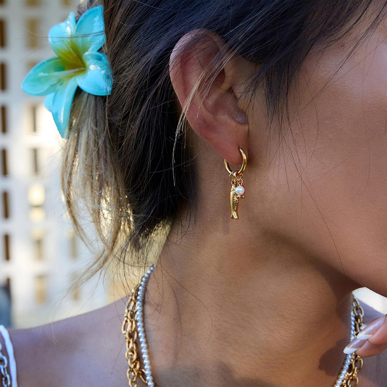 Beach Fish Starfish Conch Earrings for Women, Boho Gold Pearl Bead Ocean Earring