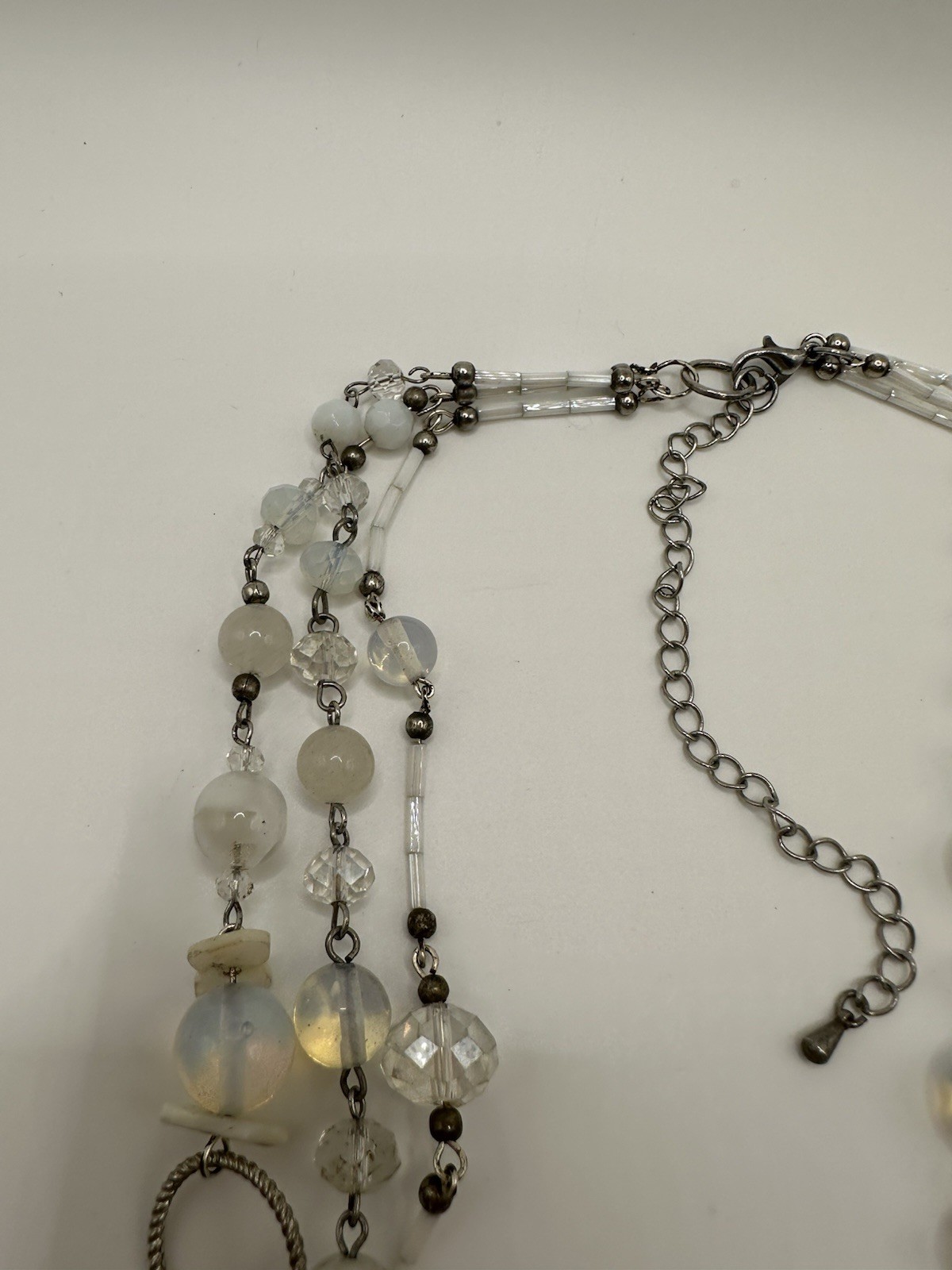 Multi Strand White Clear Opalescent Glass Beaded And Metal Necklace 16”