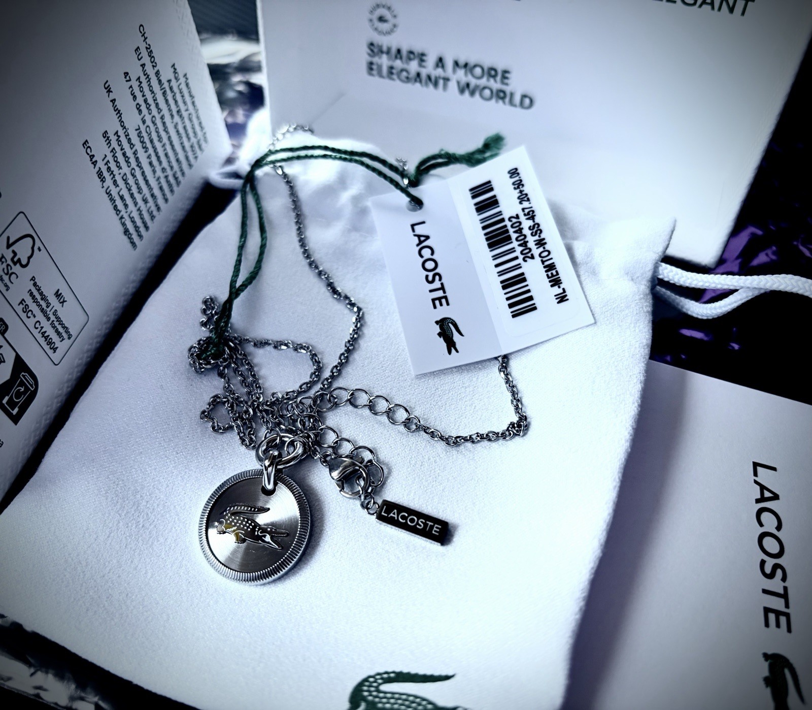Lacoste Silver Pendant Necklace Charm Chain Asymmetrical Logo
