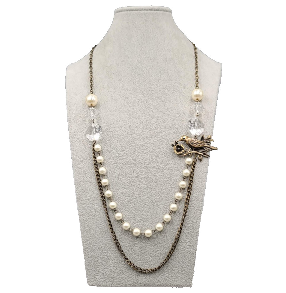 Embossed Metal Bird White Bead Necklace Bronze tone Chain 32″