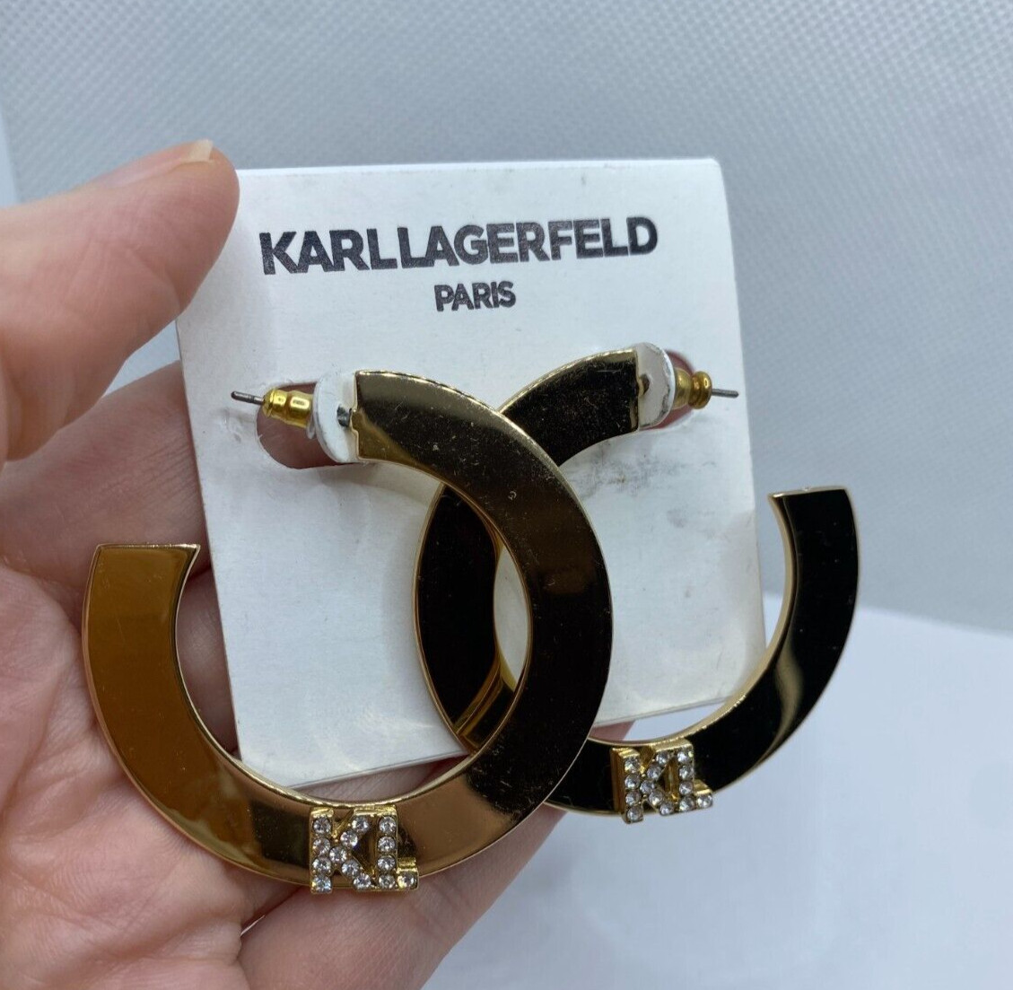 Karl Lagerfeld Gold Plated Flat Hoop Pierced Earrings Crystal KL Logo