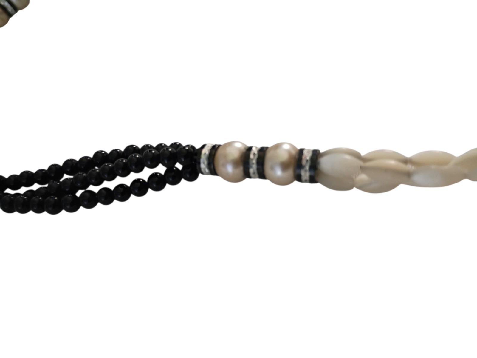 Vintage Multi Strand Beaded Necklace Black Onyx and White Rice Pearls