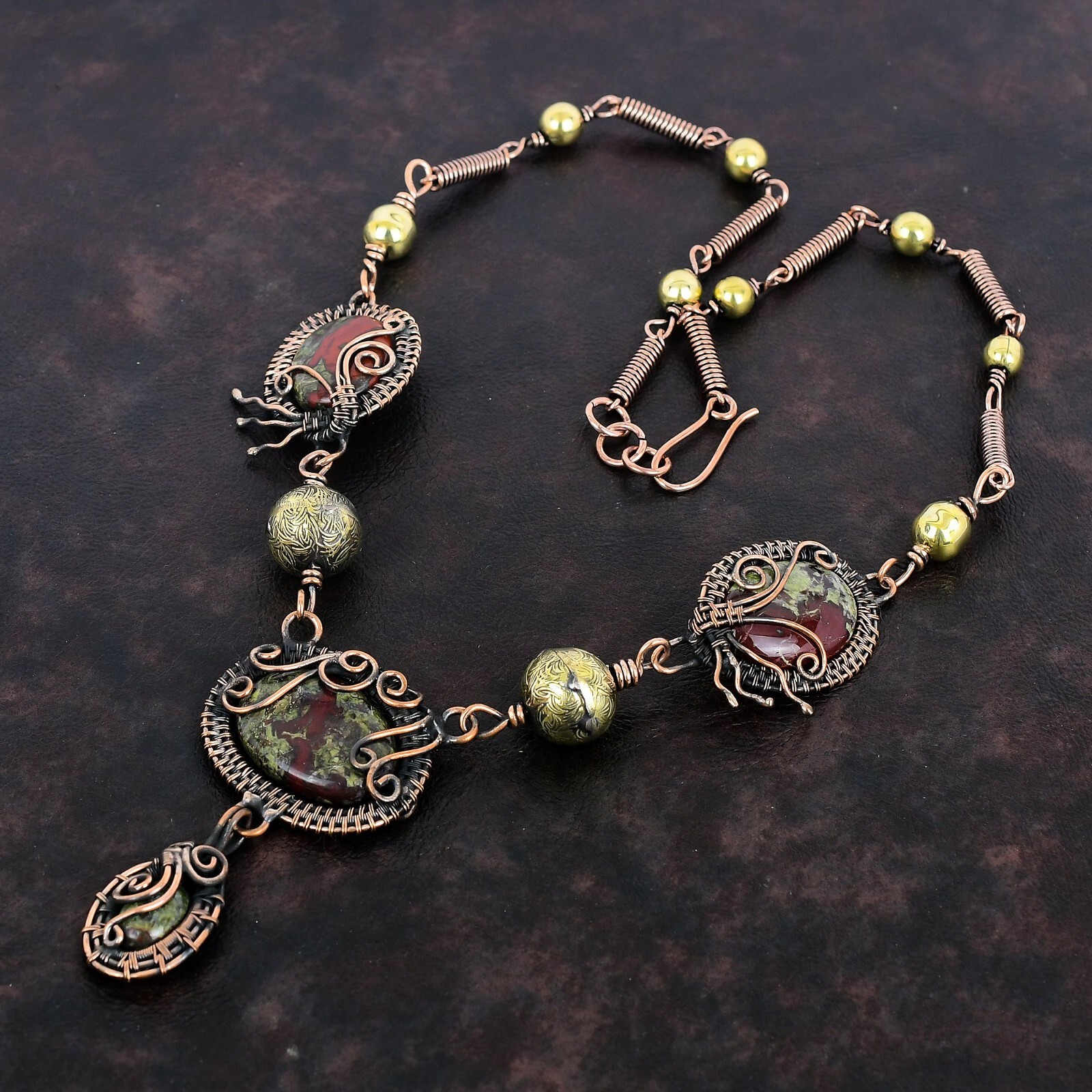 Dragon Bloodstone Wire Wrapped Chain Adjustable Necklace Copper For Women 18.0″