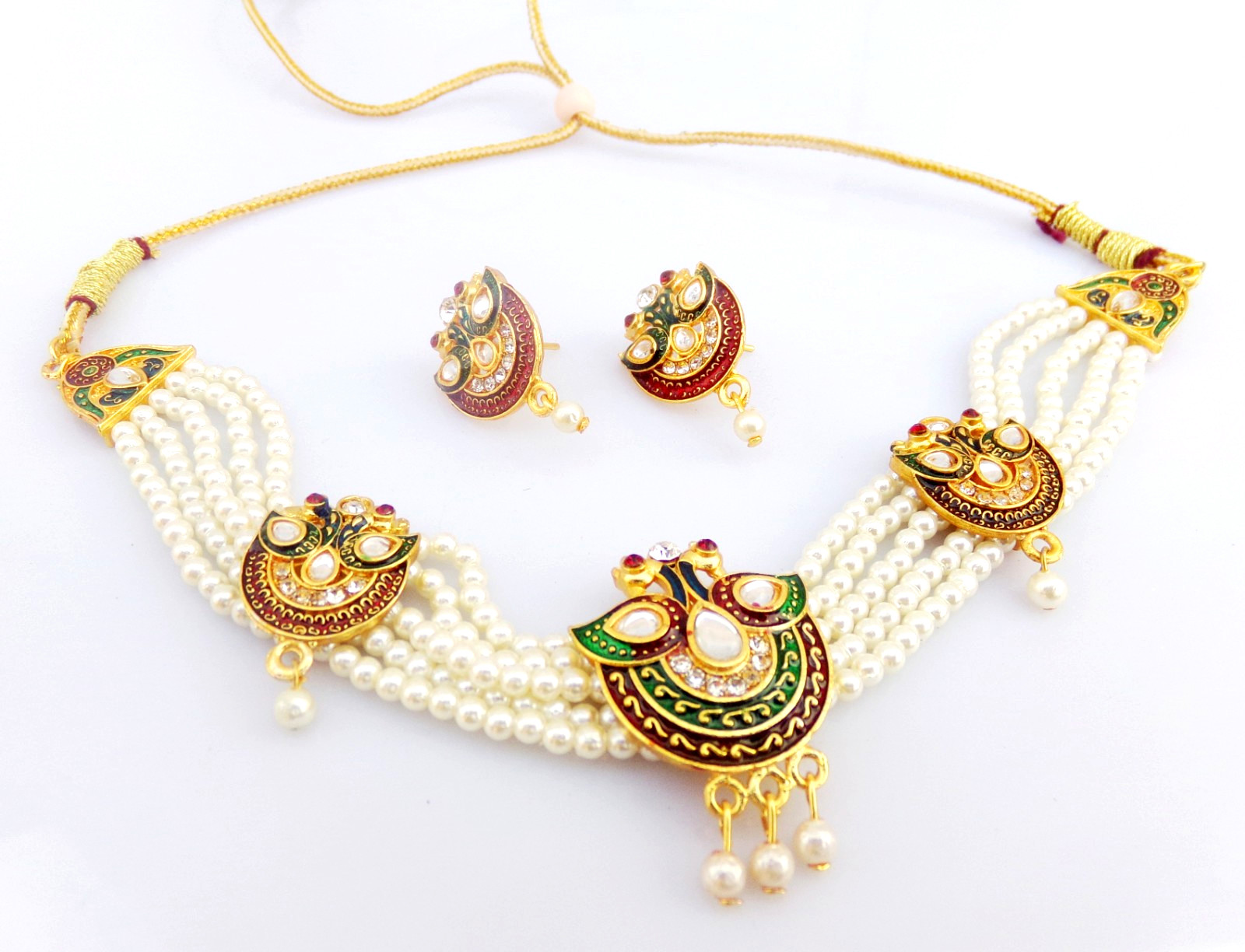 Indian Bollywood Gold Plated Pearl Choker Bridal Necklace Earrings Jewelry Set